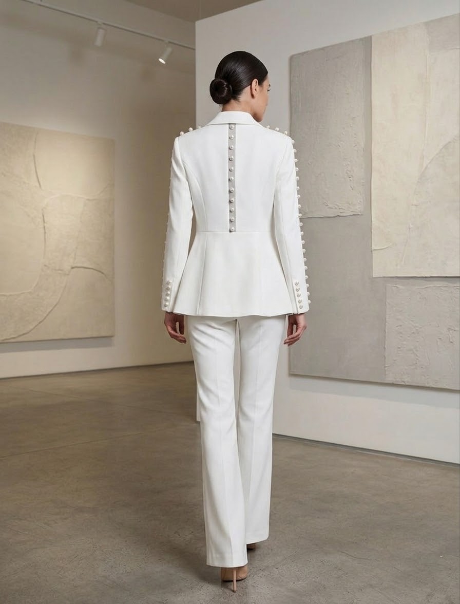 Pearl Embellished White Suit Set, Women's Tailored Blazer & Wide Leg Pants, Elegant Bridal Reception Outfit, Pearl Detail Back Suit, Civil Wedding