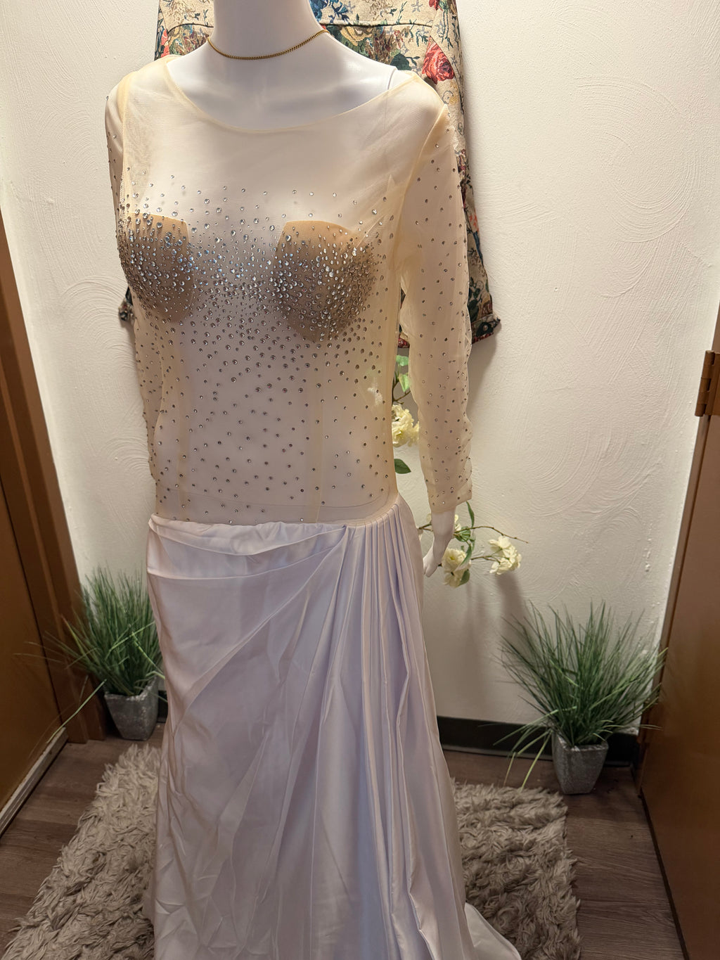 Custom Illusion Beaded Wedding Dress, Sheer Luxury Bridal Gown, Mermaid Silhouette with jewelry set