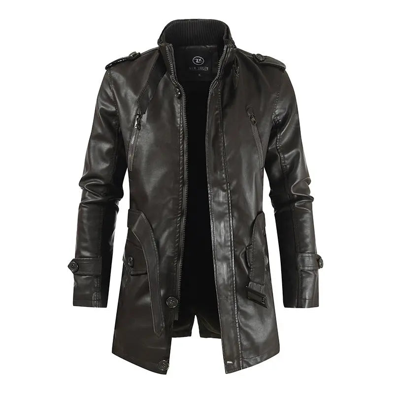 Men's Mid-length Leather Coat Stand Collar Fleece-lined Thickened Cjdropshipping