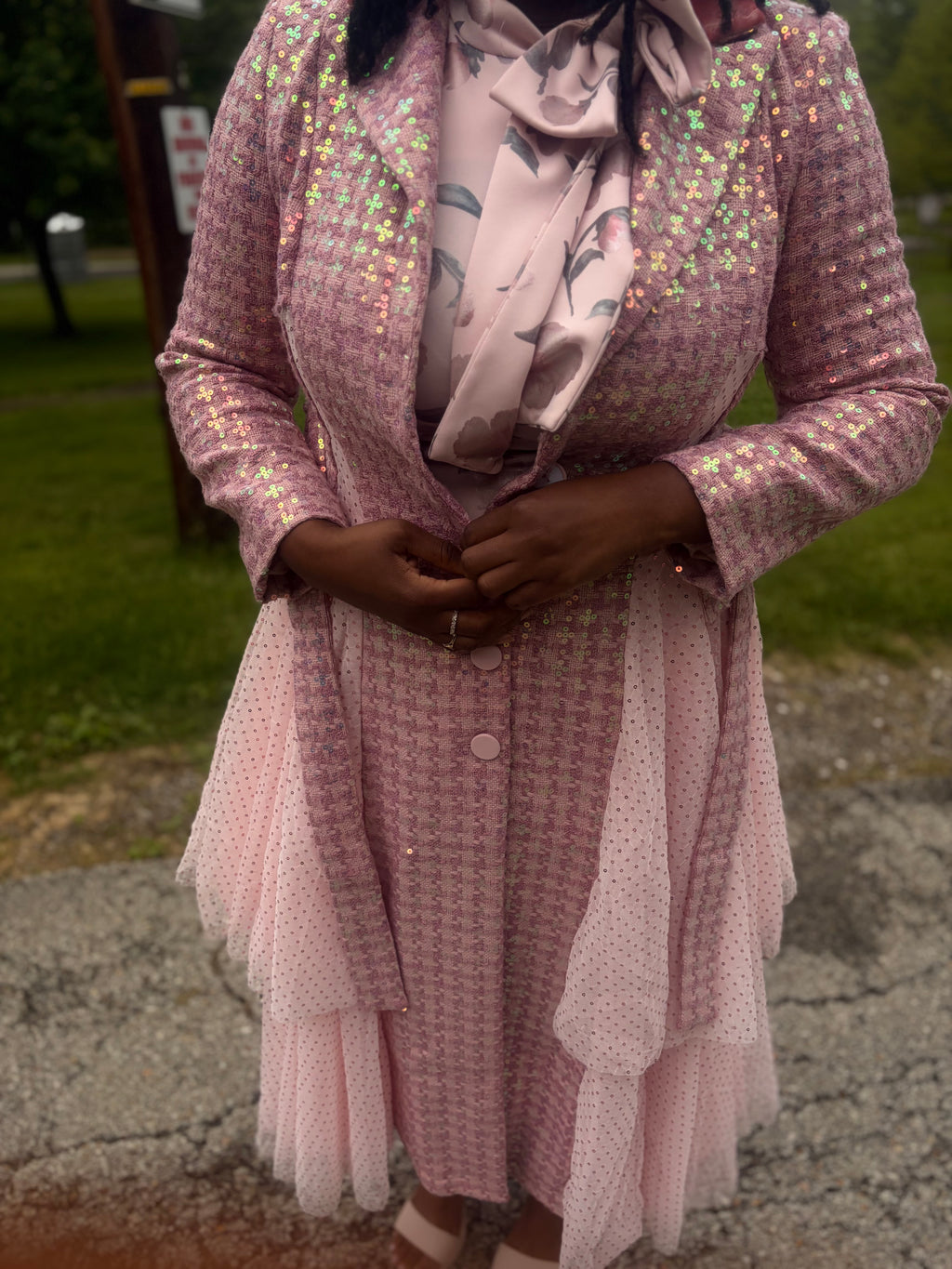 Stunning pink Sequins Mesh Layered Trench Coat – Elegant Evening Outerwear