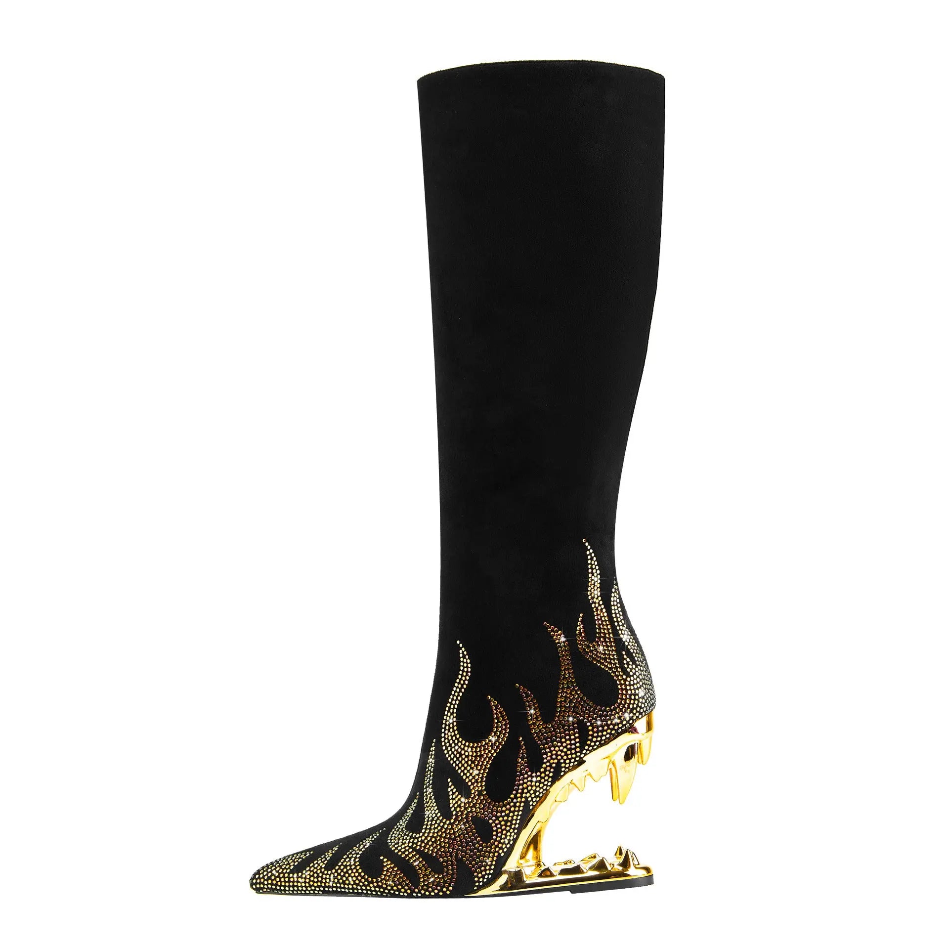 European And American Style Tiger Tooth Profiled Heel Skinny Stretch Boots Rhinestone Flame Dropshipman