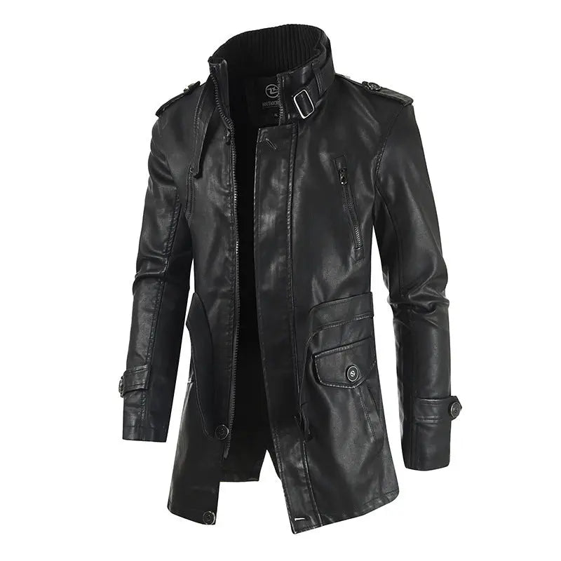 Men's Mid-length Leather Coat Stand Collar Fleece-lined Thickened Cjdropshipping