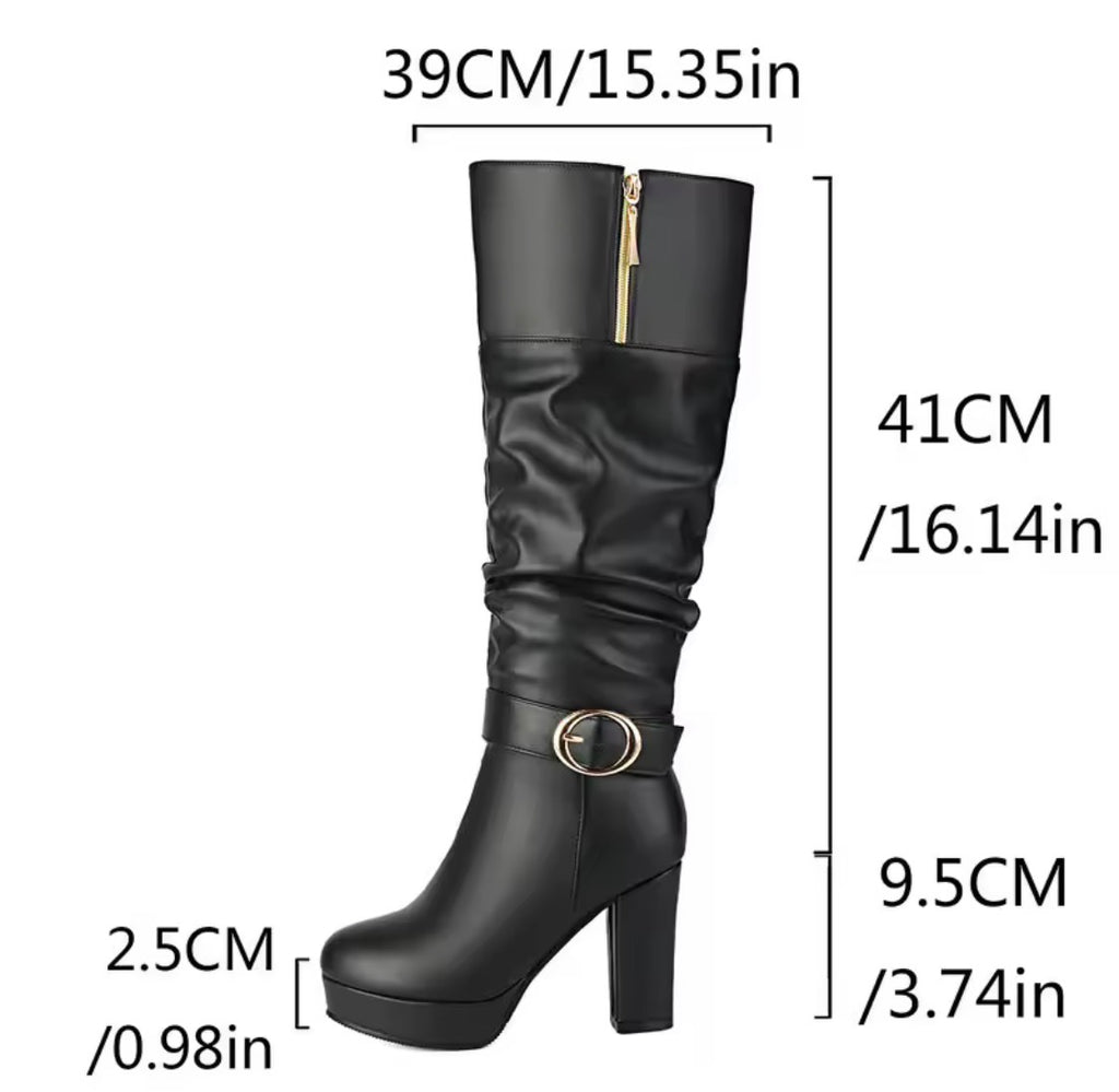 Women's Slouchy Knee High Boots Chunky High Heel Platform Buckle Strap Long Boots Side Zipper Dress Booties