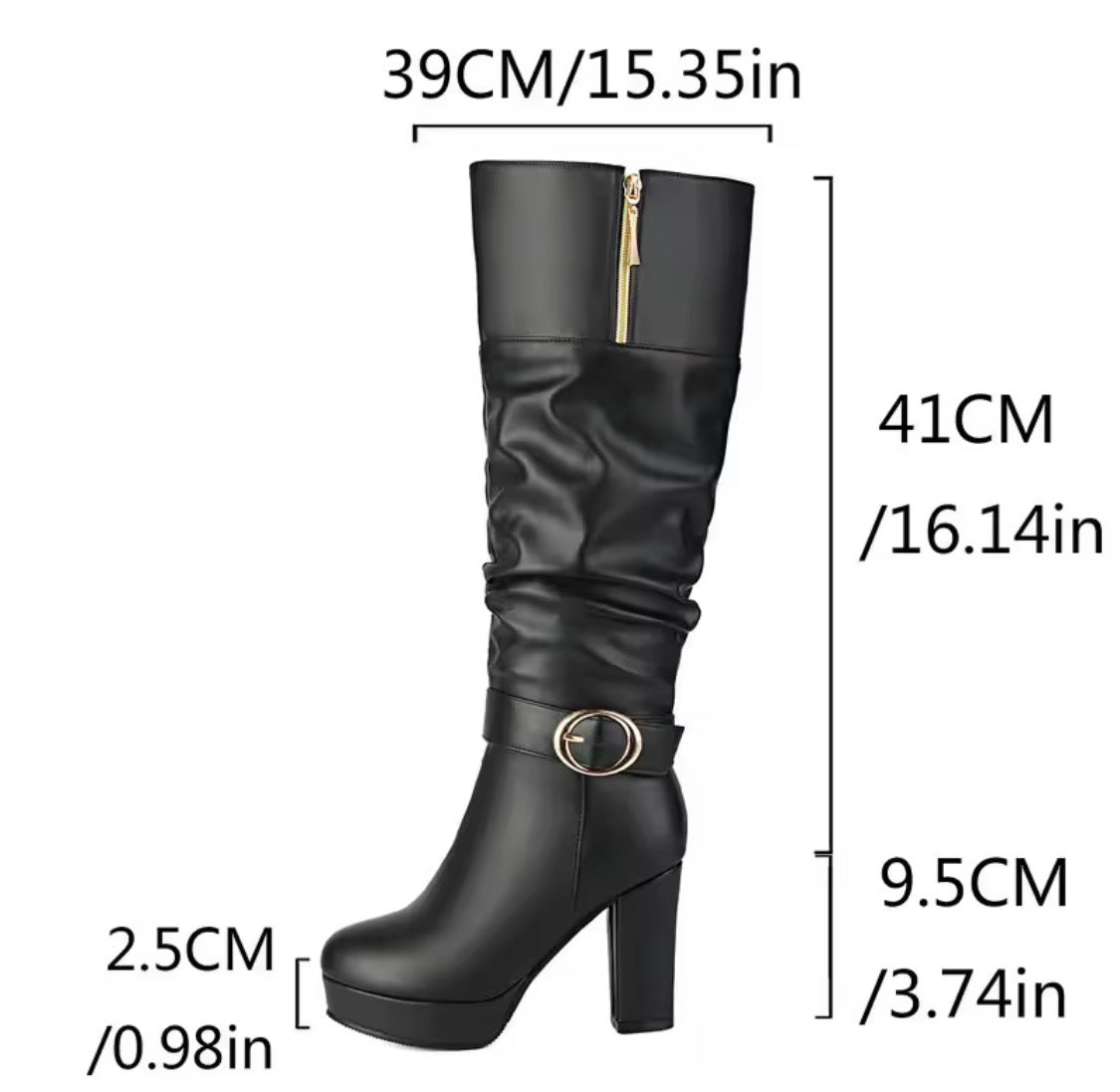 Women's Slouchy Knee High Boots Chunky High Heel Platform Buckle Strap Long Boots Side Zipper Dress Booties