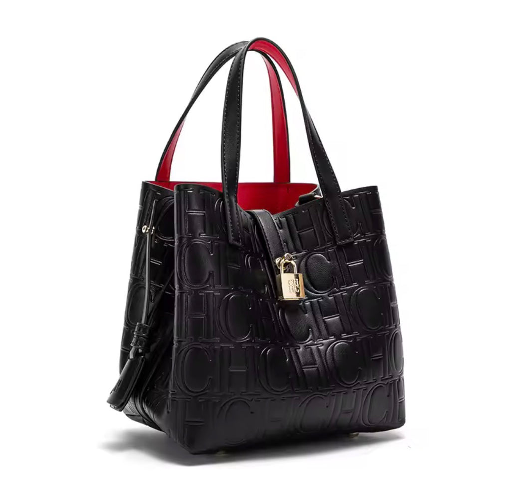 Designer-Inspired Embossed Monogram Tote Bag – Luxury PU Leather Top-Handle Handbag & Crossbody Purse with Lock Detail
