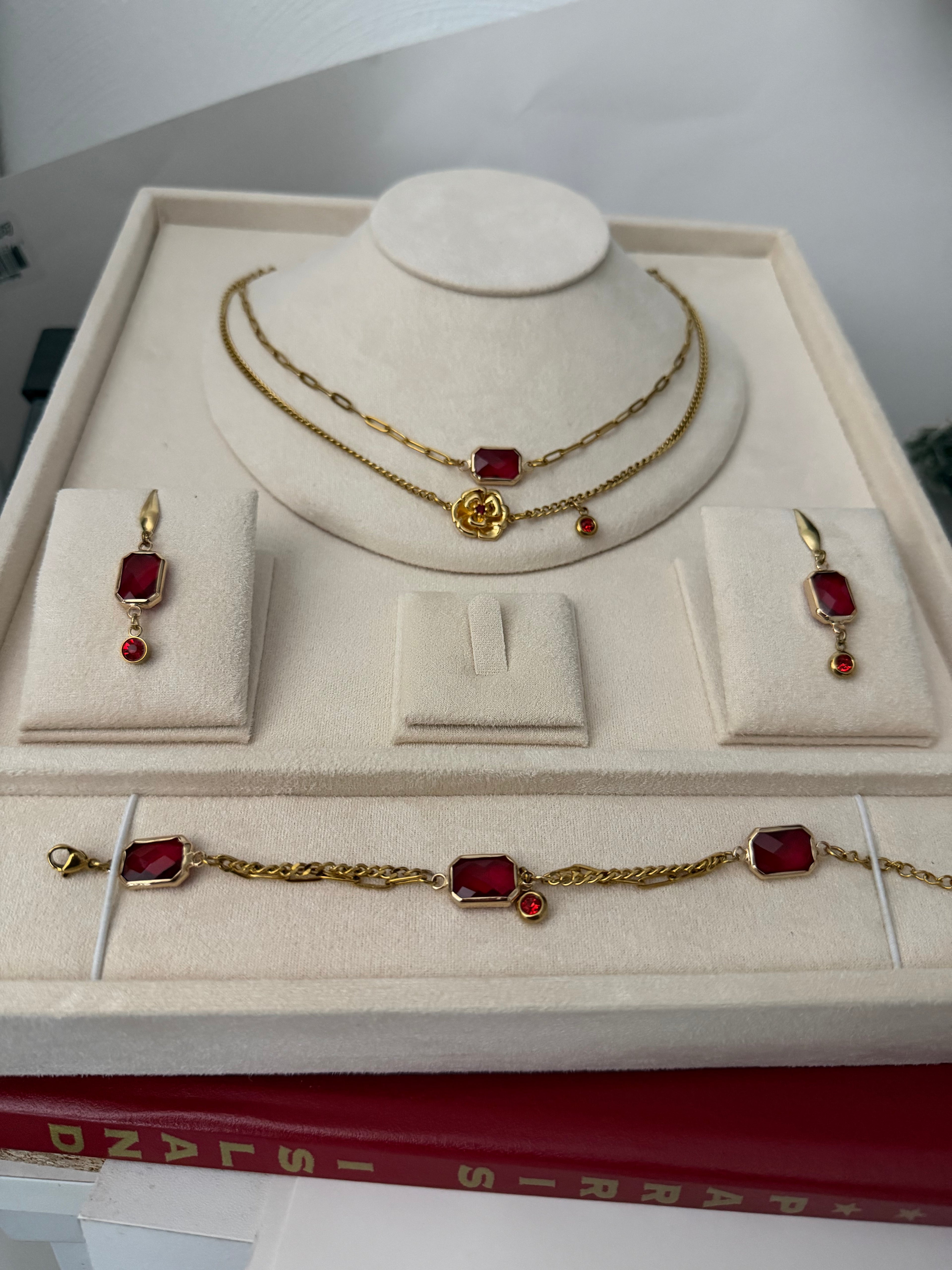 18k Gold PVD Birth Month double layered pendant Necklace, Bracelet and Earrings 3 pce set.