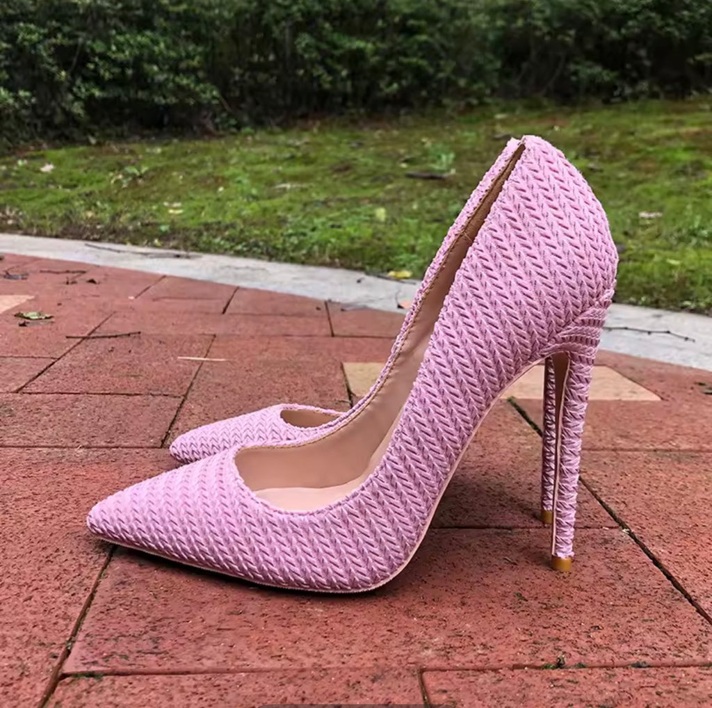 Pink Woven Fabric High Heels, Pointed Toe Stiletto Pumps, Textured Pink Dress Shoes, Chic Women's Party Heels, Elegant Spring Summer Shoes