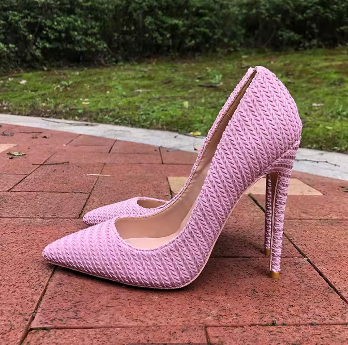 Pink Woven Fabric High Heels, Pointed Toe Stiletto Pumps, Textured Pink Dress Shoes, Chic Women's Party Heels, Elegant Spring Summer Shoes