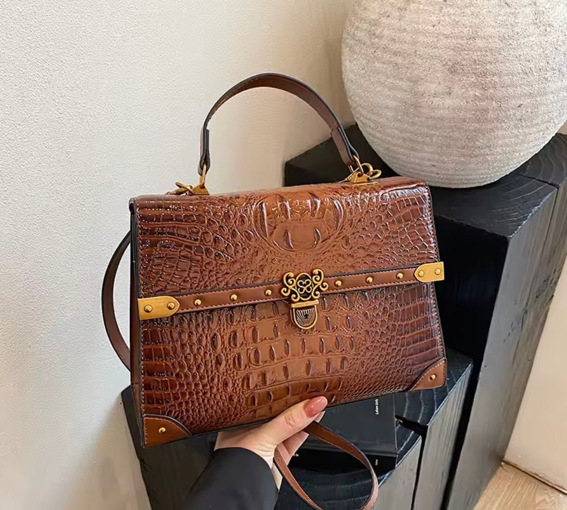 Vintage Crocodile Pattern Satchel Handbag