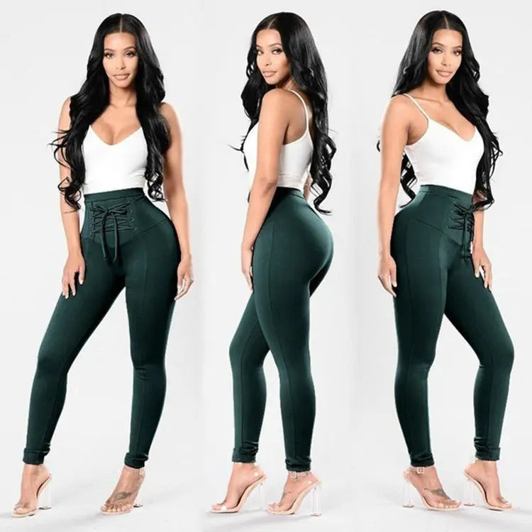 Women's Plus Size Pure Color Cotton Trousers Lace-up Pencil Pants JNi3 shop