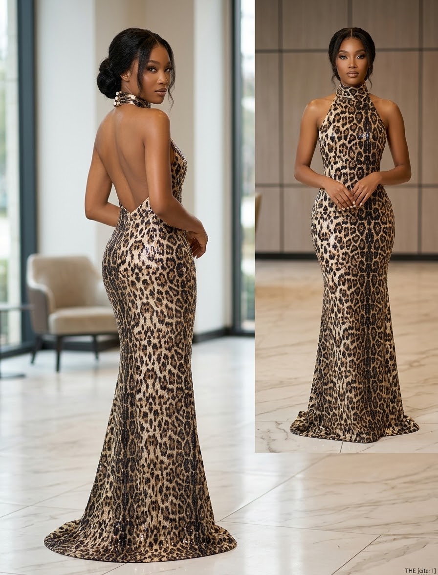 Sequin Leopard Print Prom Dress, Halter Neck Backless Evening Gown, Glam Mermaid High Collar Formal Dress, Animal Print Party Dress
