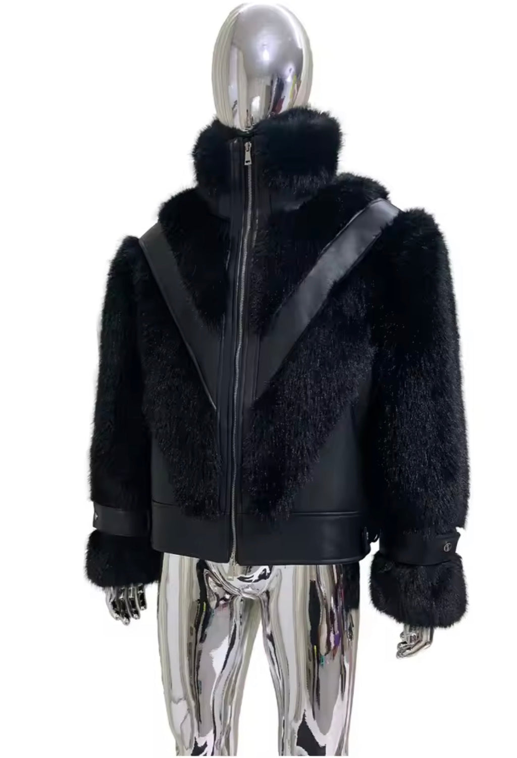 Men's Luxury Faux Fur & Leather Bomber Jacket – Winter Statement Outerwear with Stand Collar & Buckle Cuffs