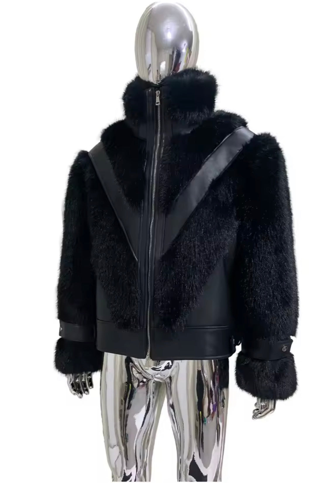 Men's Luxury Faux Fur & Leather Bomber Jacket – Winter Statement Outerwear with Stand Collar & Buckle Cuffs