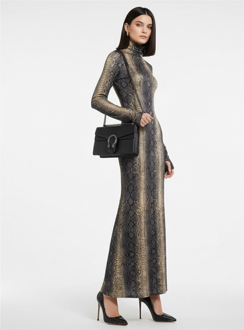 Serpentine Ensemble: Snake Print Maxi Dress, Charcoal Handbag & Stilettos | Complete Outfit, Animal Print Fashion