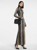 Serpentine Ensemble: Snake Print Maxi Dress, Charcoal Handbag & Stilettos | Complete Outfit, Animal Print Fashion