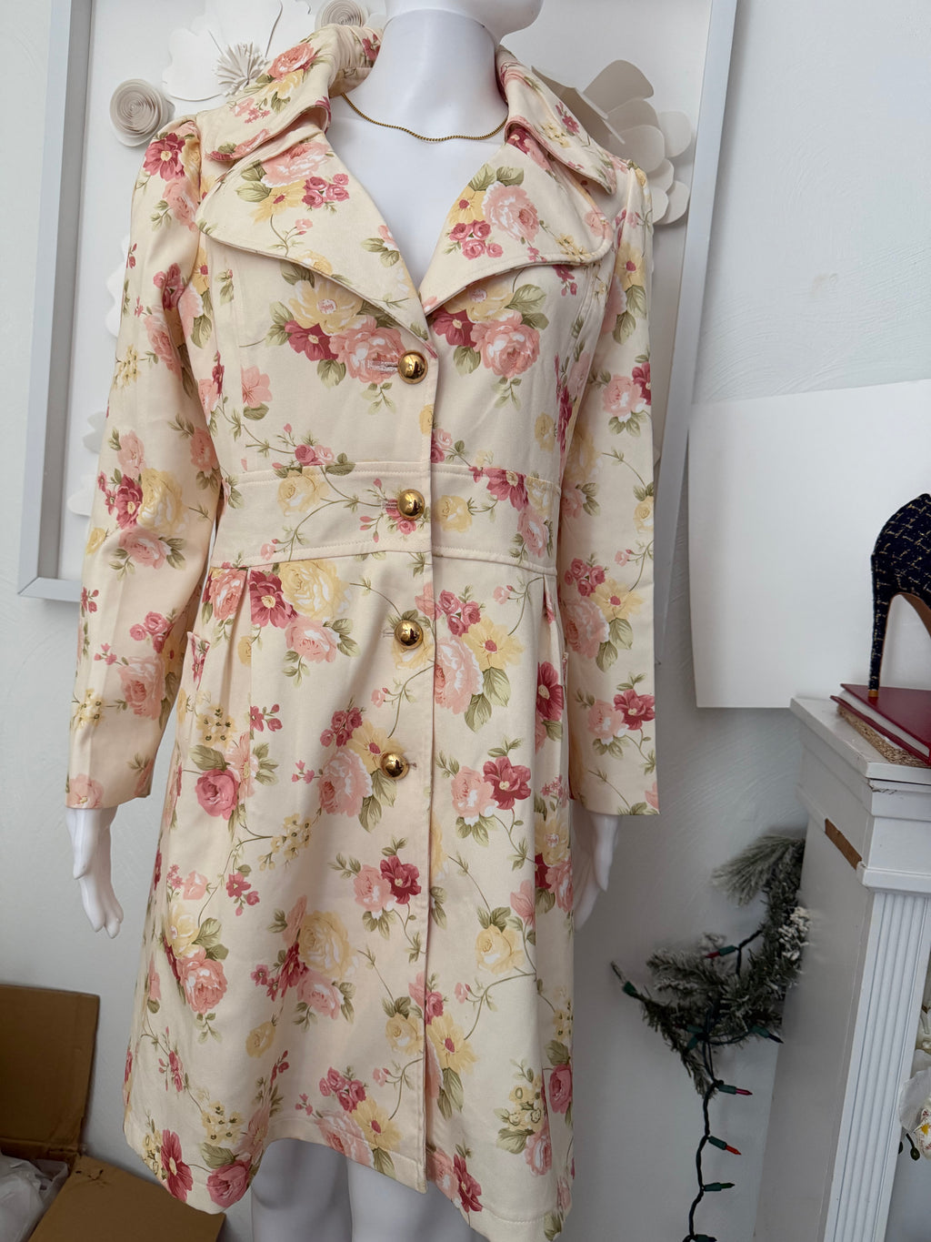 Vintage Style Floral Trench Coat, Shabby Chic Spring Jacket | Fit and Flare Dress Coat |