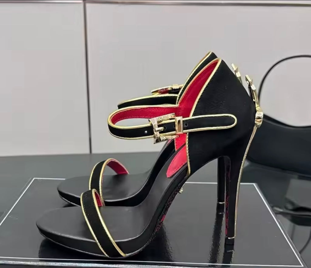 Black Leather Purse and Shoe Set | Gold Accent Boots or Heels, Genuine Leather, Cowhide