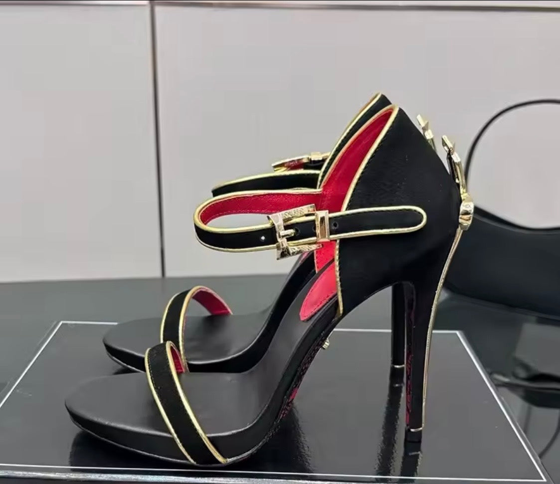 Black Leather Purse and Shoe Set | Gold Accent Boots or Heels, Genuine Leather, Cowhide