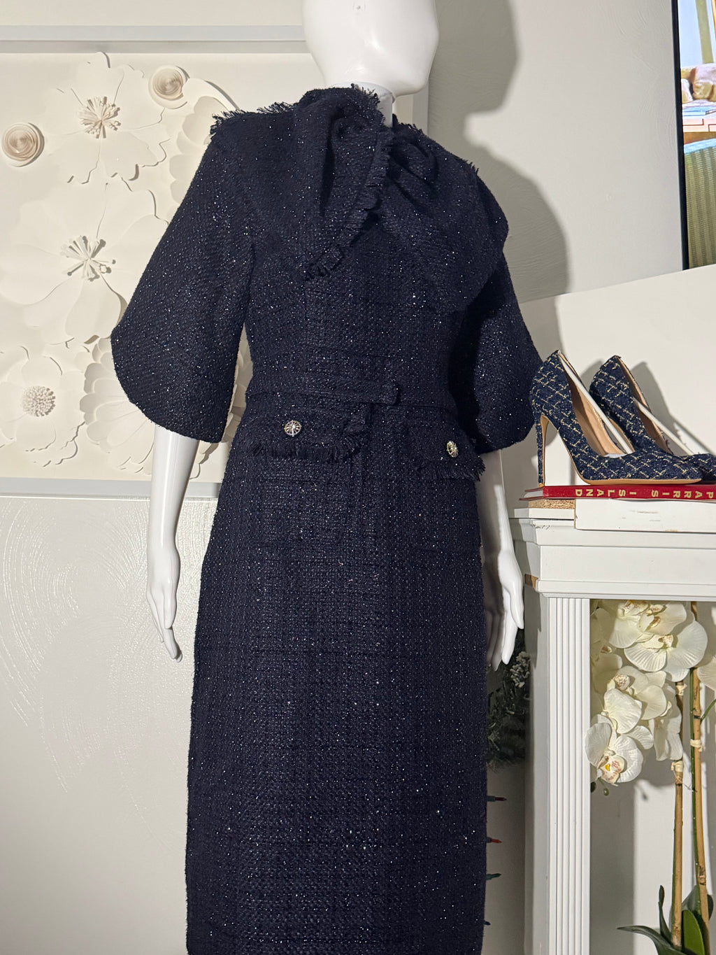 Navy Blue Tweed Belted Midi Dress and Pointed-Toe 12cm Stiletto Pump Set | 2-Piece