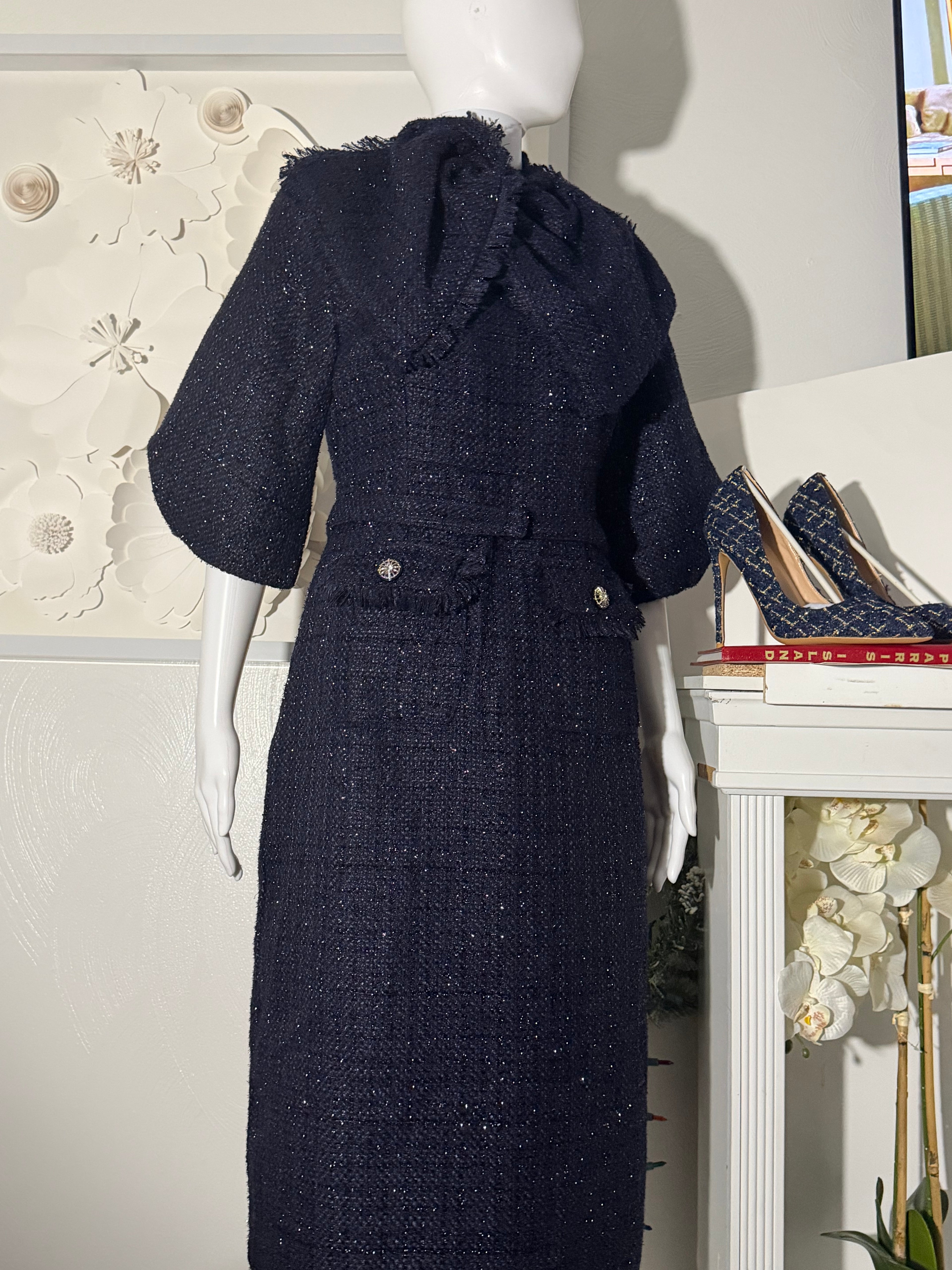 Navy Blue Tweed Belted Midi Dress and Pointed-Toe 12cm Stiletto Pump Set | 2-Piece