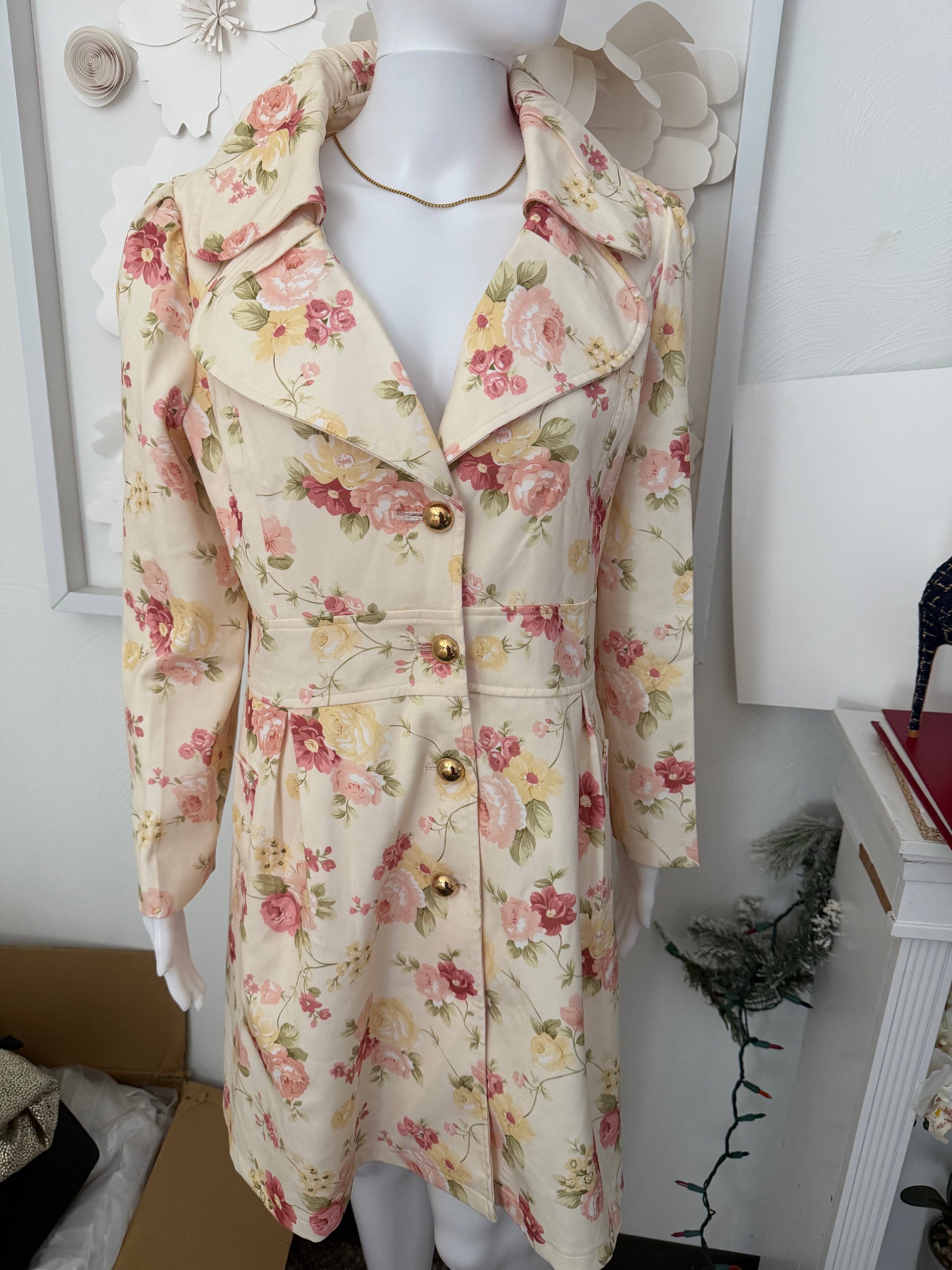 Vintage Style Floral Trench Coat, Shabby Chic Spring Jacket | Fit and Flare Dress Coat |