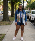 Plus Size Floral Denim Jacket, Boho Tapestry Jean Jacke