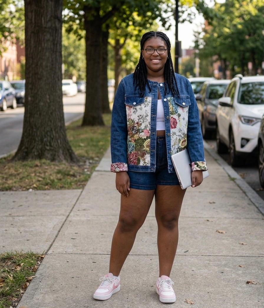 Plus Size Floral Denim Jacket, Boho Tapestry Jean Jacke