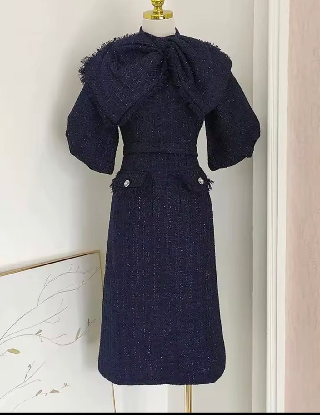 Navy Blue Tweed Belted Midi Dress and Pointed-Toe 12cm Stiletto Pump Set | 2-Piece