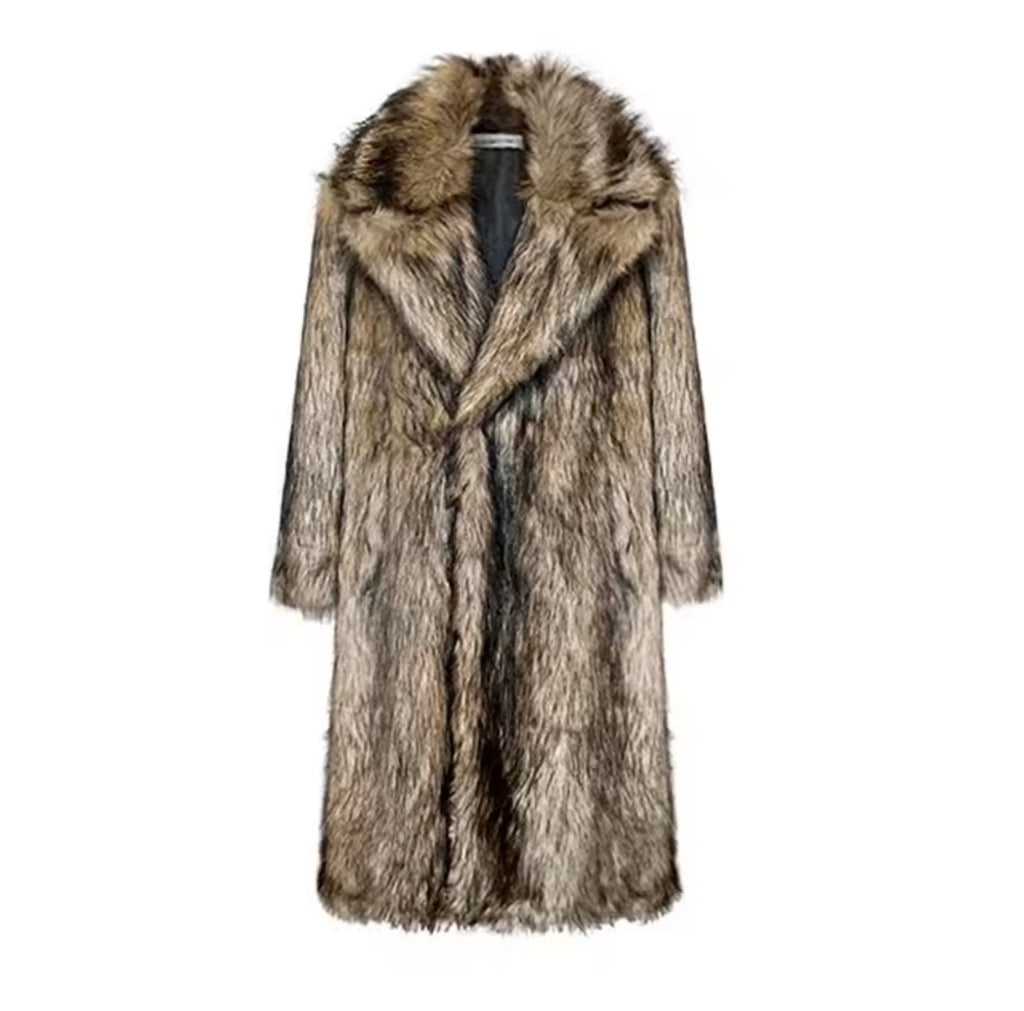Luxury Men’s Long Faux Fur Trench Coat | Statement Oversized Winter Outerwear | Warm Shaggy Wolf Fur Style Coat
