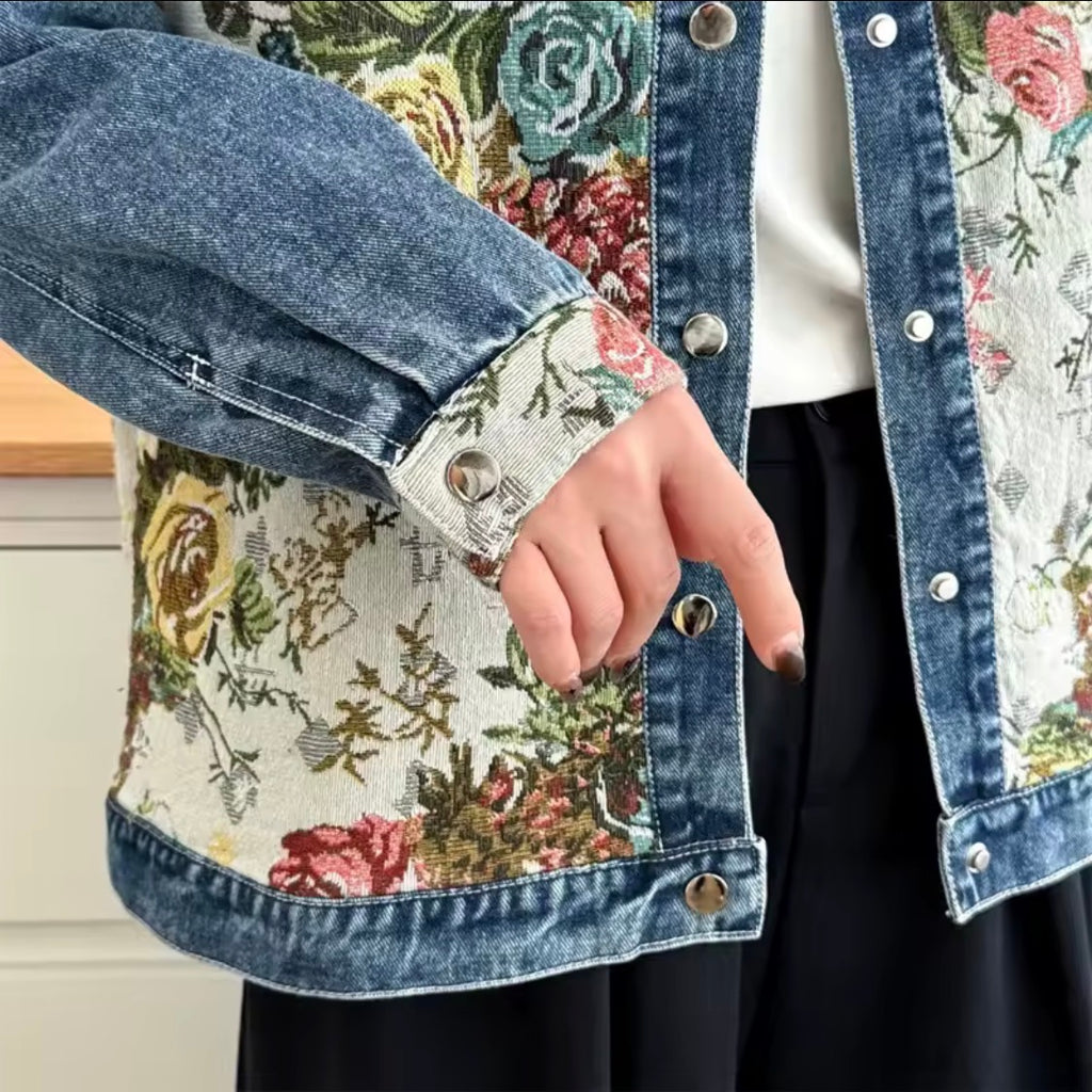 Plus Size Floral Denim Jacket, Boho Tapestry Jean Jacke