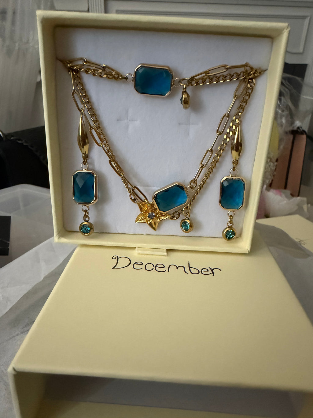 18k Gold PVD Birth Month double layered pendant Necklace, Bracelet and Earrings 3 pce set.