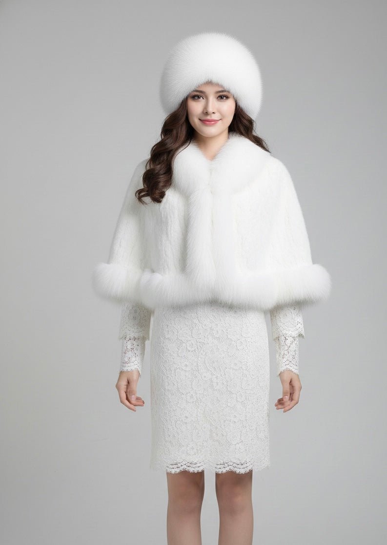 Knitted Mink Fur Cape with Fox Fur Collar & Hat Set