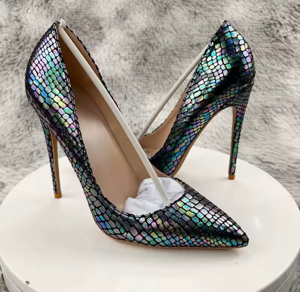 Iridescent Metallic Snake-Scale High Heels, Pointed Toe Stilettos
