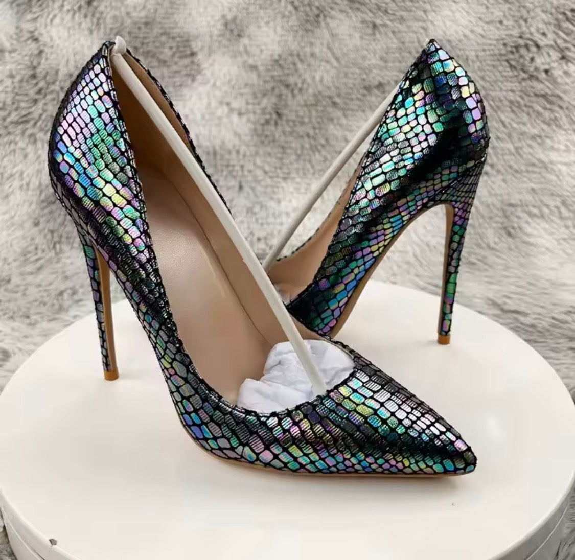 Iridescent Metallic Snake-Scale High Heels, Pointed Toe Stilettos