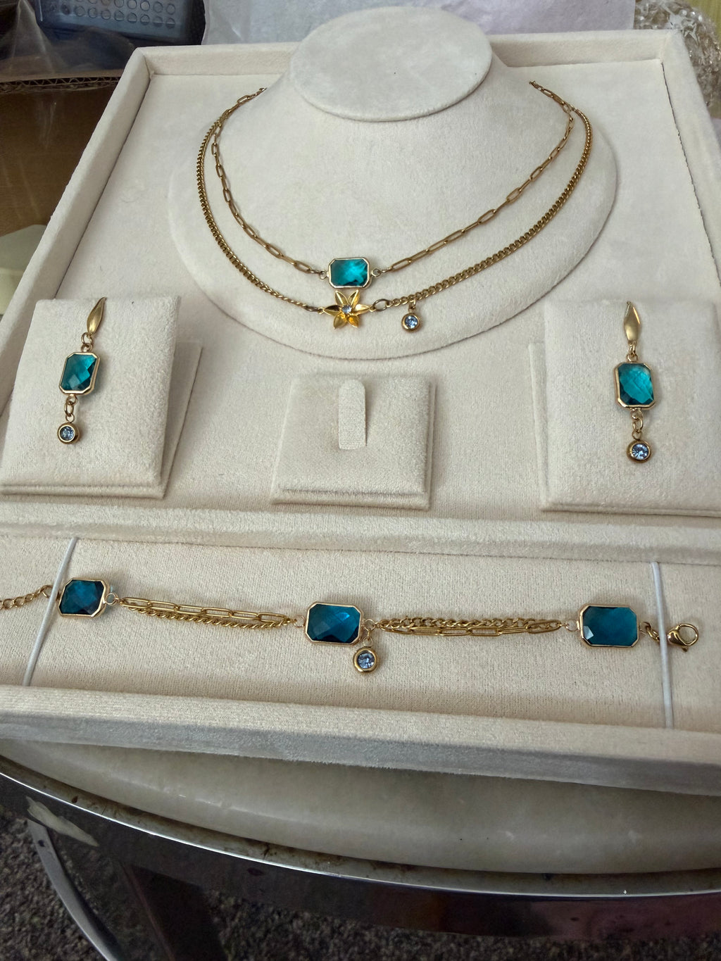 18k Gold PVD Birth Month double layered pendant Necklace, Bracelet and Earrings 3 pce set.