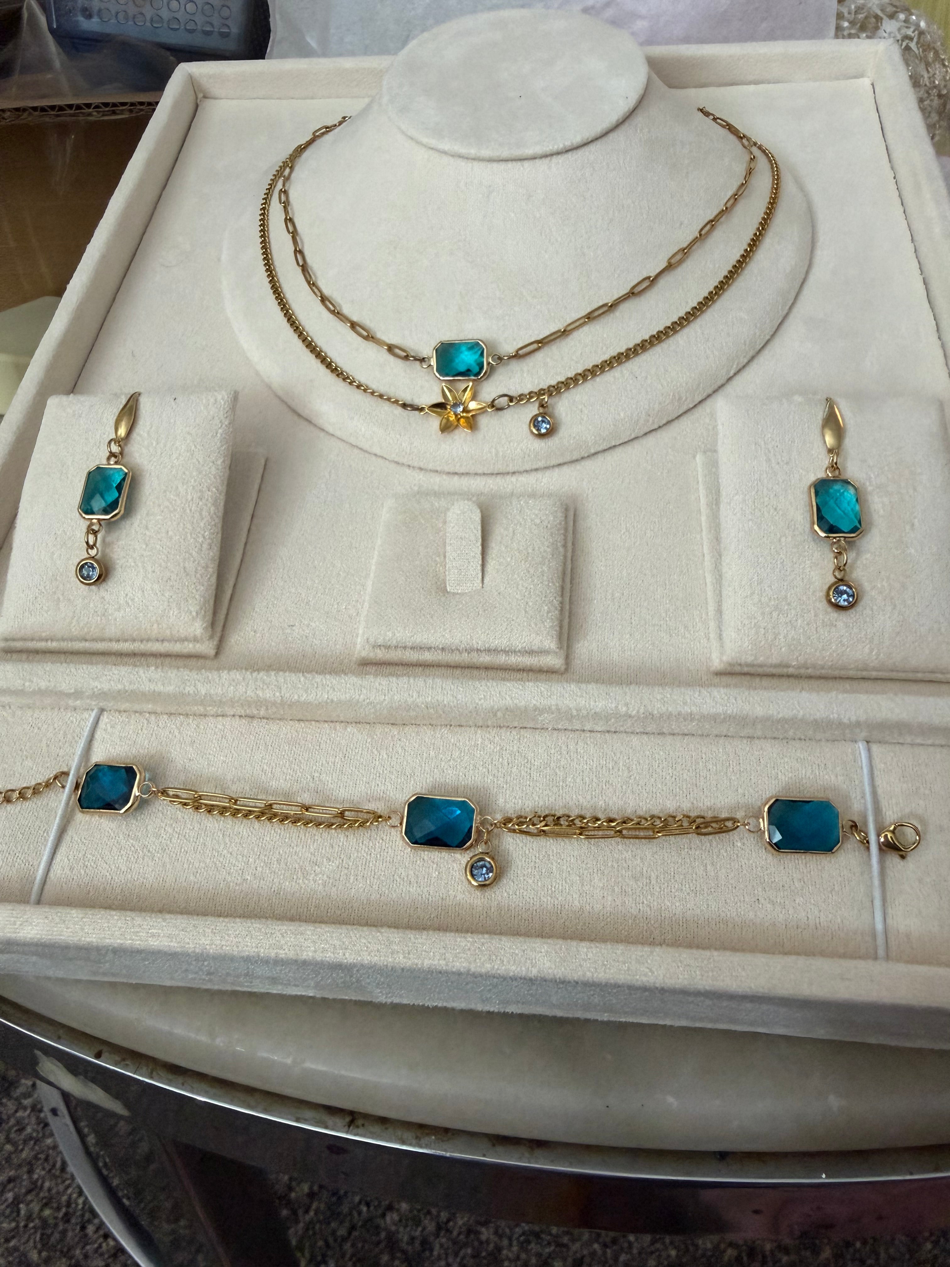 18k Gold PVD Birth Month double layered pendant Necklace, Bracelet and Earrings 3 pce set.