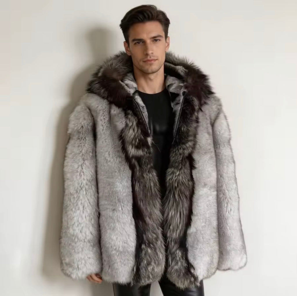 Men's Real Fox Fur & Rex Rabbit Fur Lined Winter Jacket | Luxury Hooded Outerwear with Silver Fox Trim