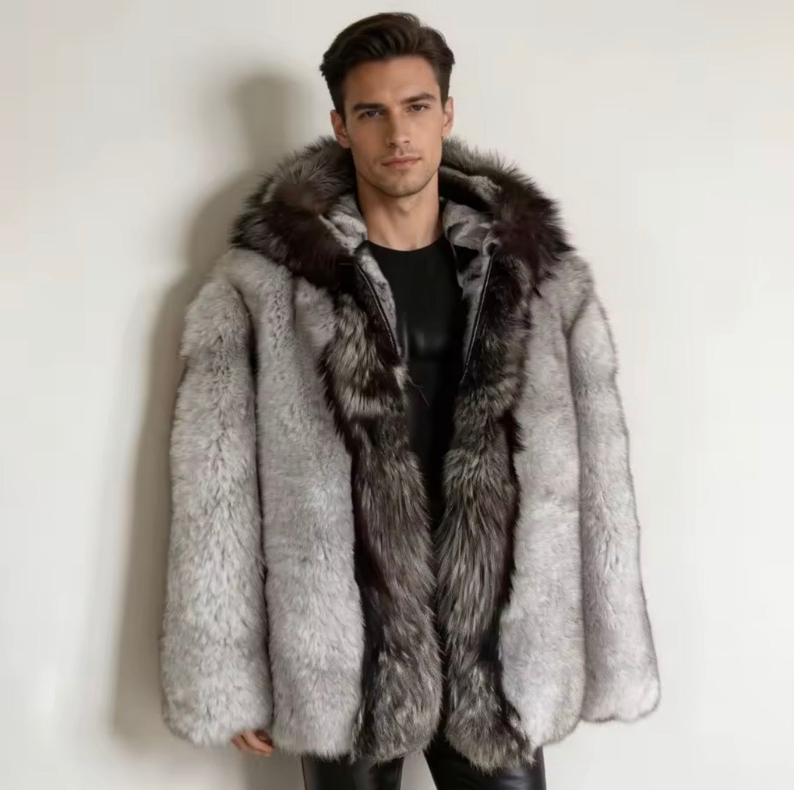 Men's Real Fox Fur & Rex Rabbit Fur Lined Winter Jacket | Luxury Hooded Outerwear with Silver Fox Trim