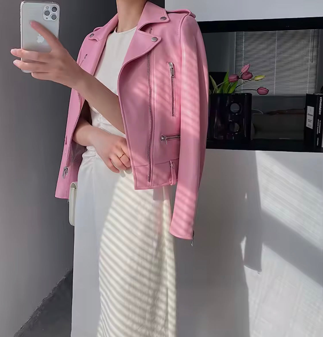 Pink Leather Moto Jacket for Women, Genuine Leather Biker Jacket, Pastel Pink Motorcycle Jacket