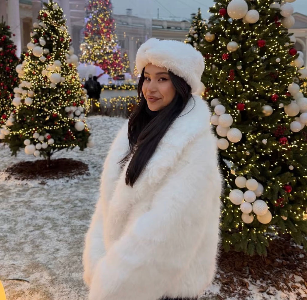 Luxury Women's White Faux Over Coat - Elegant Long Faux Fur Jacket with Oversized Collar for Winter