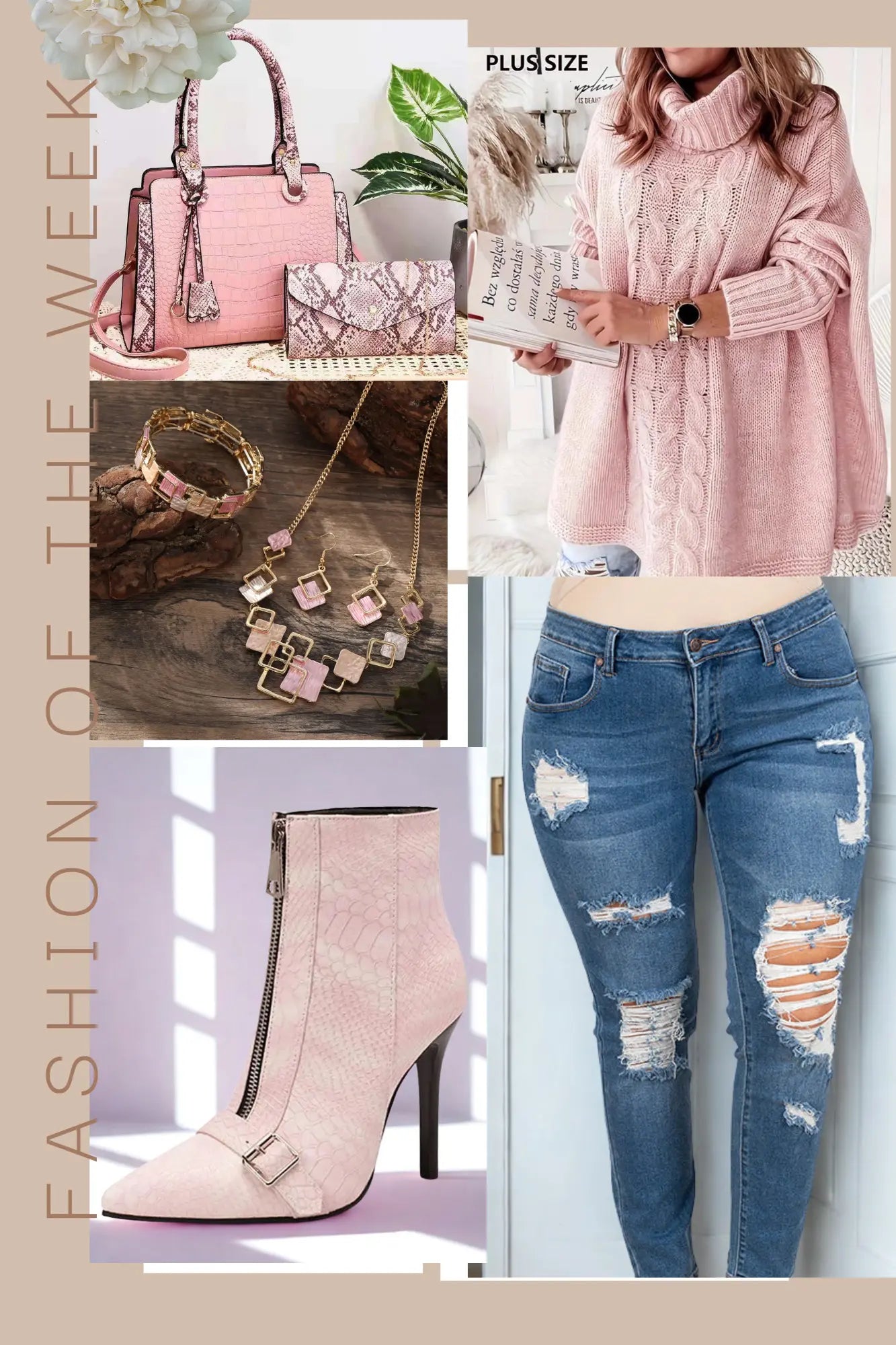 Women worn jean and pink batwing sweater plus size outfit JNi3 shop