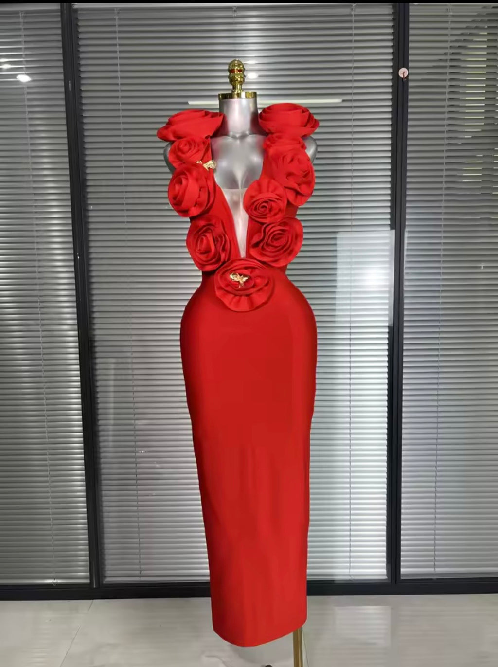 3D Rose V-Neck Bandage Dress & Earrings | Gala Outfit