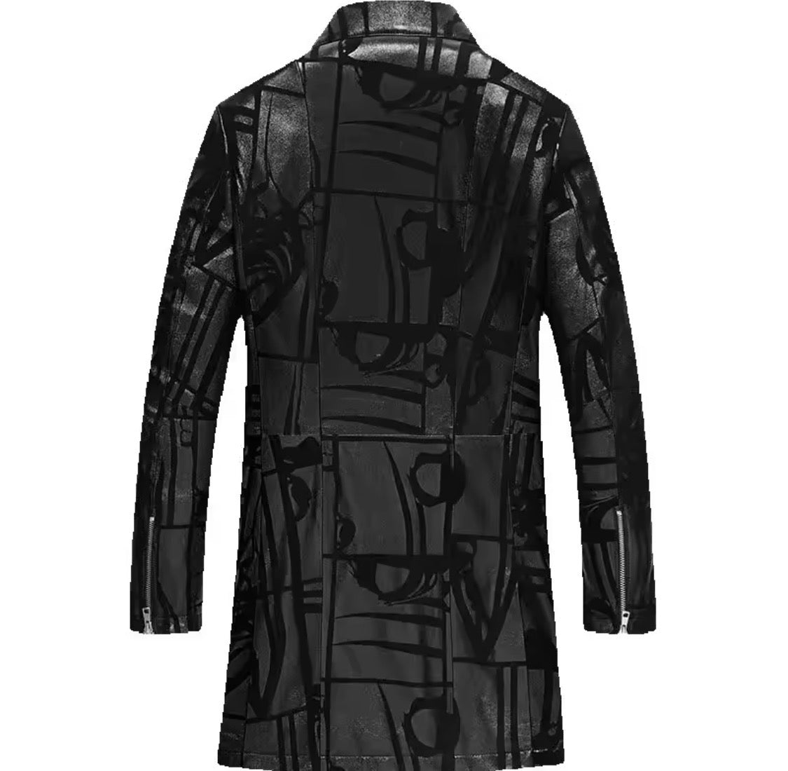 Men’s Genuine Sheepskin Leather Trench Coat – Black Graphic Print Real Leather Long Jacket