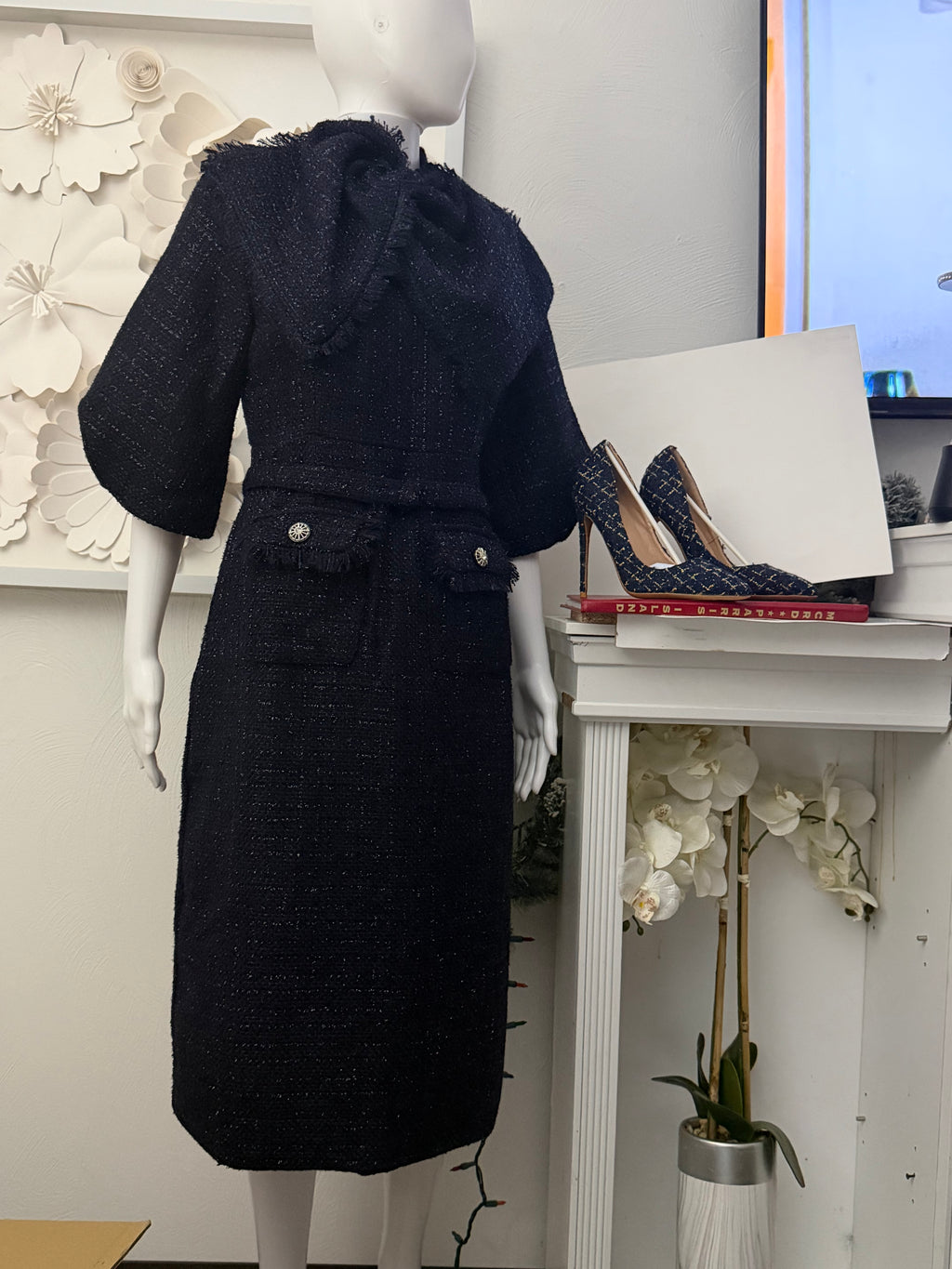 Navy Blue Tweed Belted Midi Dress and Pointed-Toe 12cm Stiletto Pump Set | 2-Piece