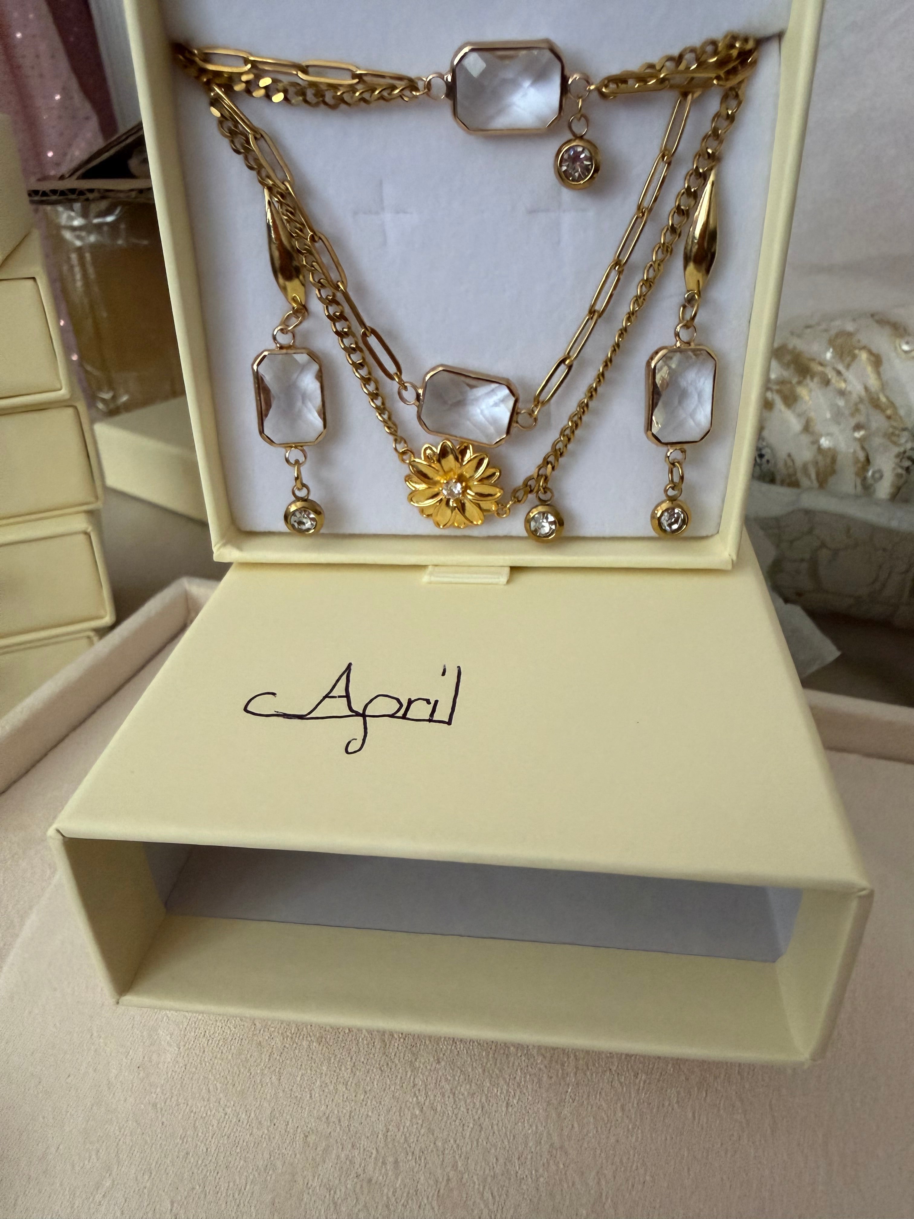 18k Gold PVD Birth Month double layered pendant Necklace, Bracelet and Earrings 3 pce set.