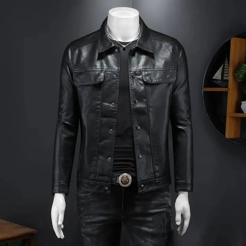 Men's Long-sleeved Lapel Motorcycle Pu Handsome Leather Coat Cjdropshipping