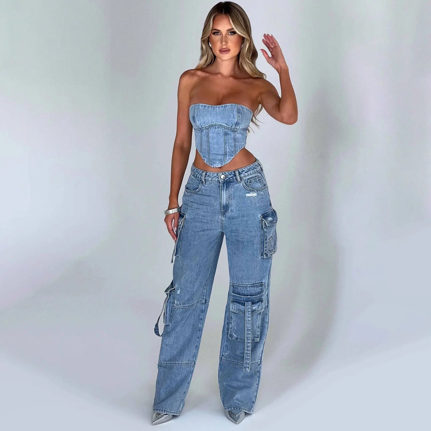 Women's Suit Low Waist Three-dimensional Tube Top And Pocket Stitching Jeans Pants Cjdropshipping