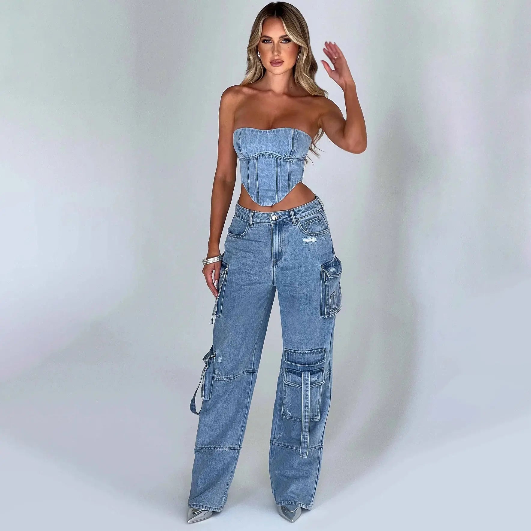 Women's Suit Low Waist Three-dimensional Tube Top And Pocket Stitching Jeans Pants Cjdropshipping