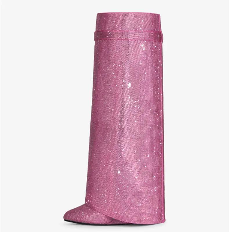 Round Toe Wedge Super High Heel Plus Rhinestone Lock Shark Buckle Knee-high Boots Cjdropshipping