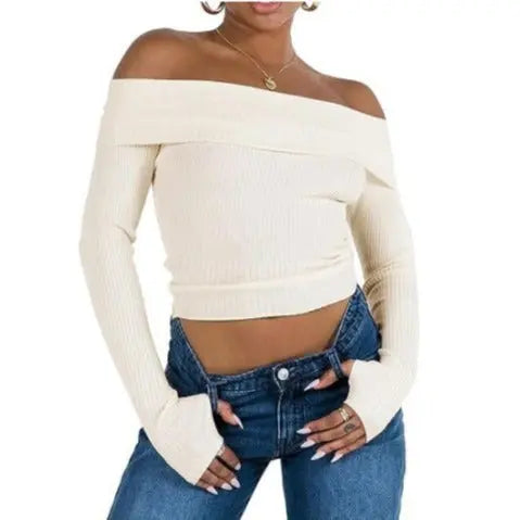 Women's Off-shoulder Solid Color Slim Fit Top JNi3 shop